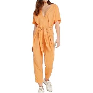 Free People Shining Sun Light Orange Tie Front Linen Blend Jumpsuit Size M